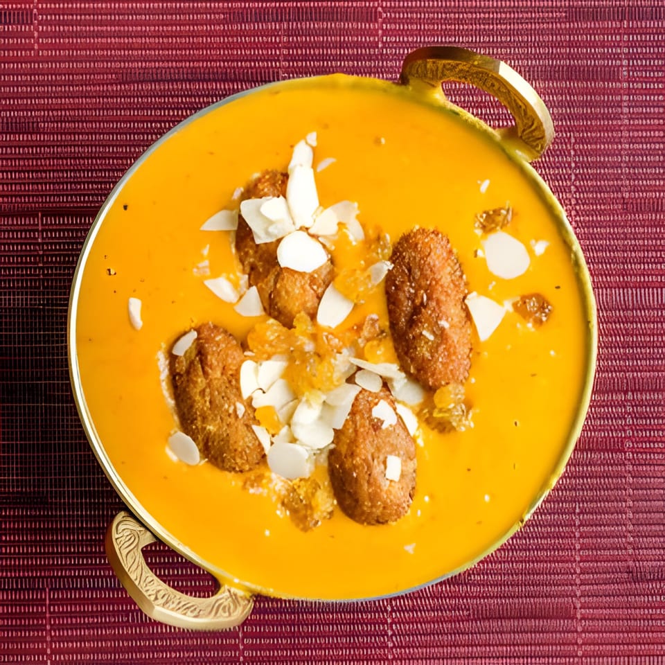 Indian dessert with fried dough balls in orange sauce, topped with almonds and fruit.